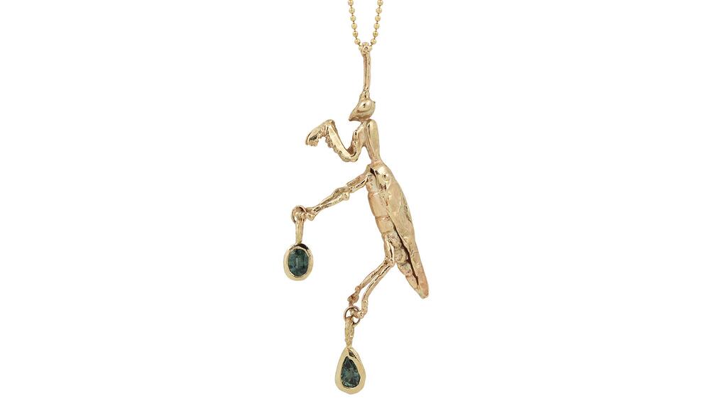 A 14-karat yellow gold praying mantis necklace by Alexis Pavlantos ($4,700) Alexis Pavlantos praying mantis necklace